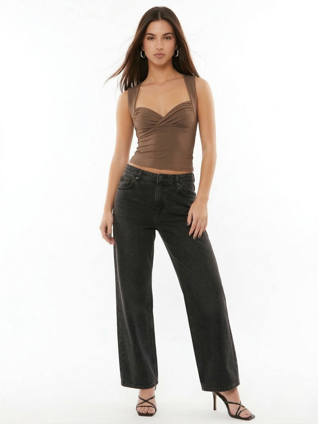 Brown Full Sleeve V Neck Fitted Top