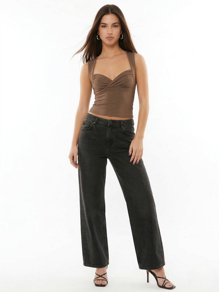 Brown Full Sleeve V Neck Fitted Top