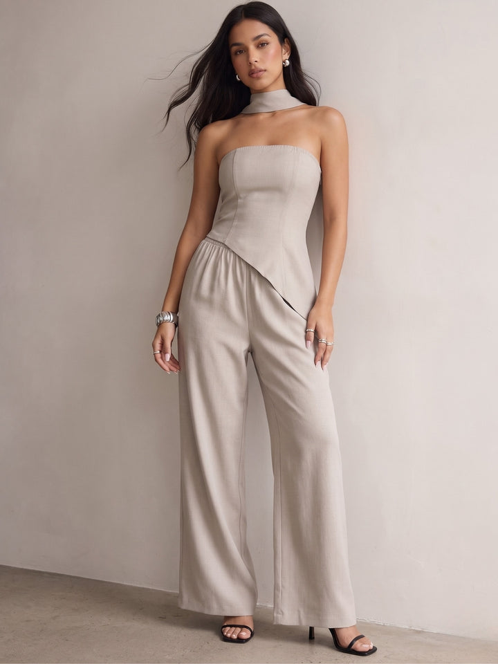 Grey Off Shoulder Asymmetrical Top And Pant Set