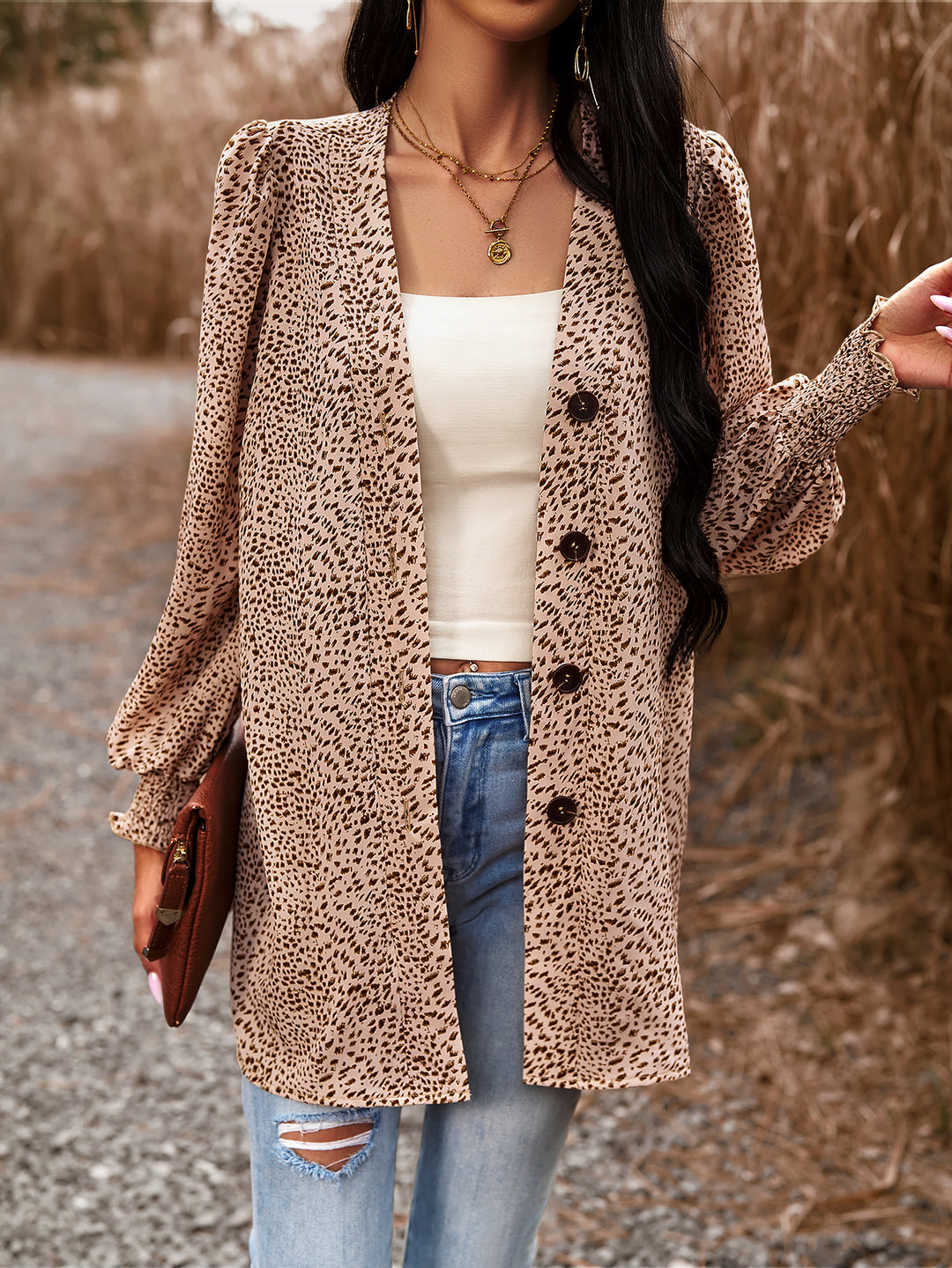 Cream Printed Shrug With Front Buttons