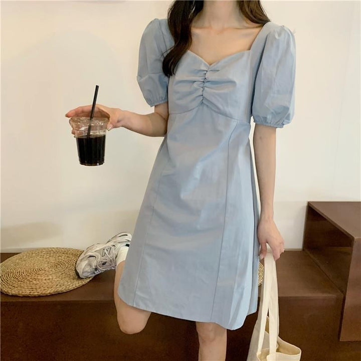 Blue Bust Ruching Puff Sleeve Mini Dress