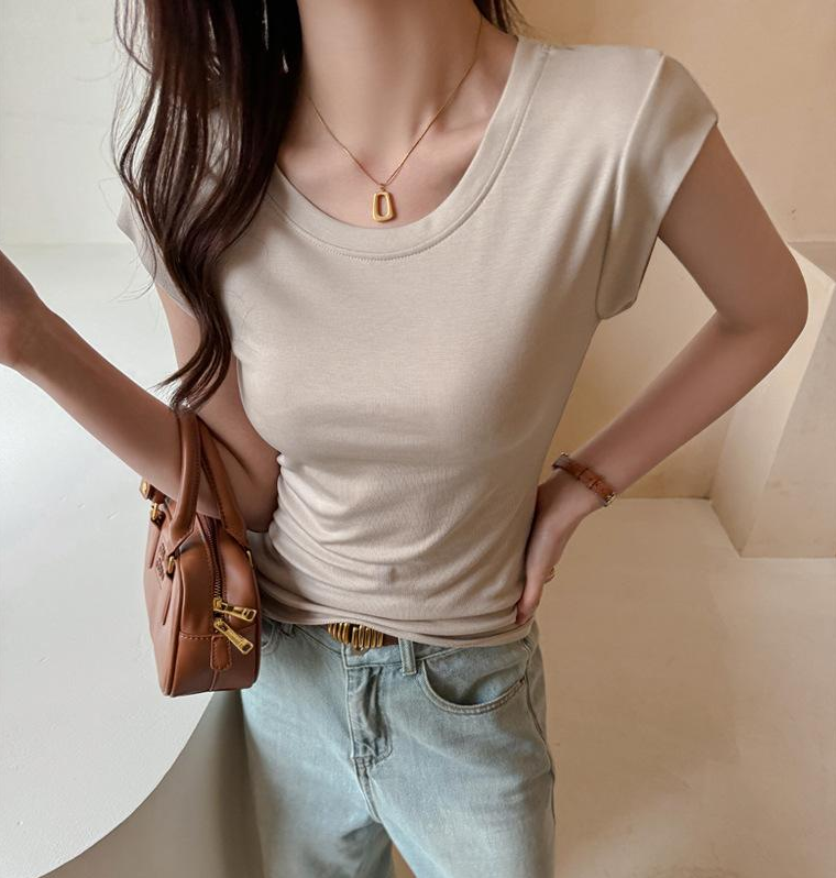 Cream Round Neck Solid T-Shirt