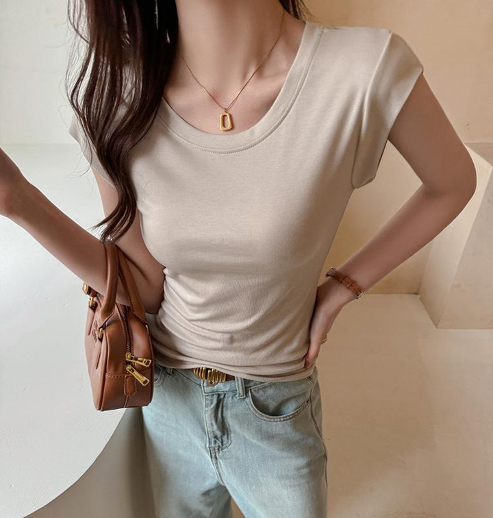 Cream Round Neck Solid T-Shirt