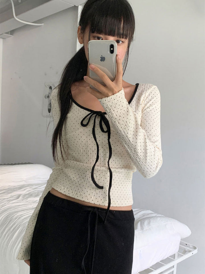 Off White Contrast Tie Up Full Sleeves Top