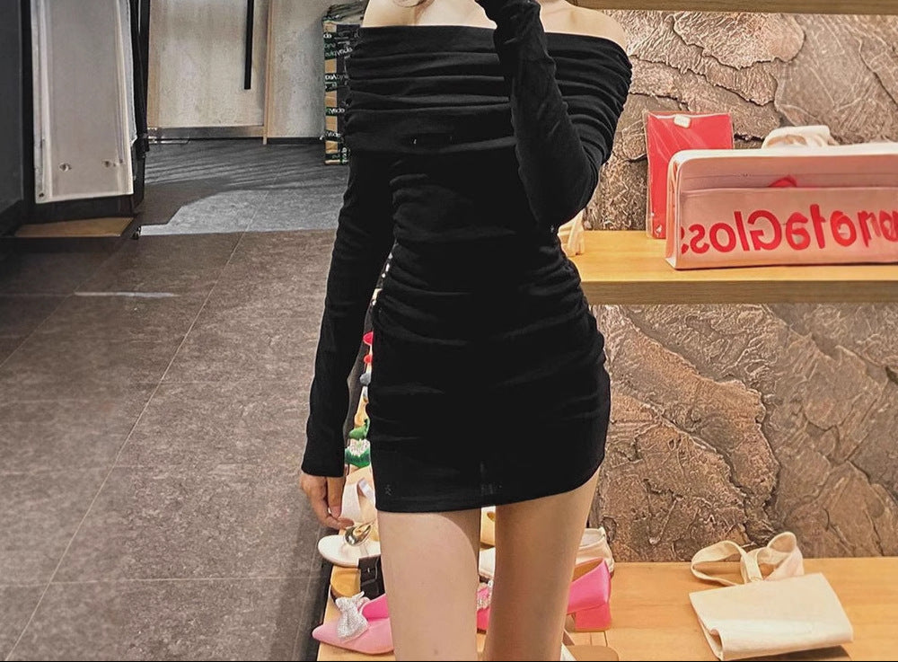 Black Off-Shoulder Side Ruched Dress