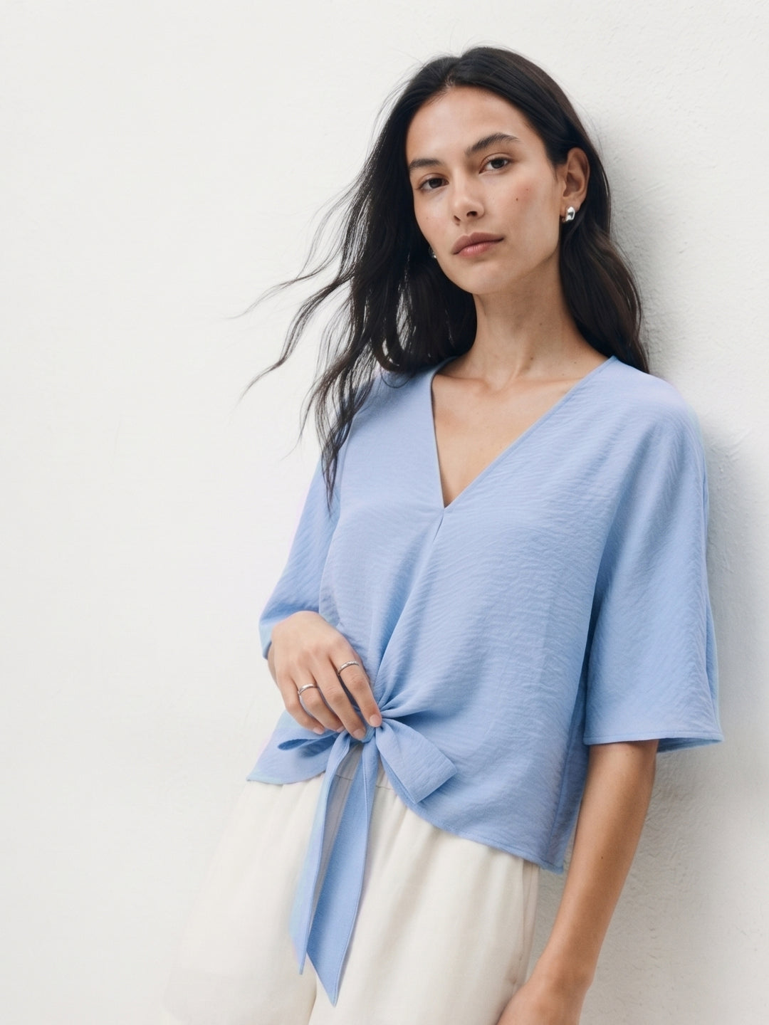 Blue Waist Tie-Up Relaxed Top
