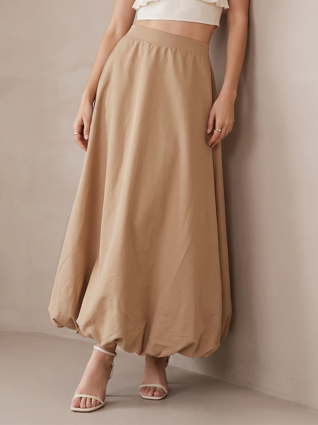 Beige High Waisted Box Pleated Skirt