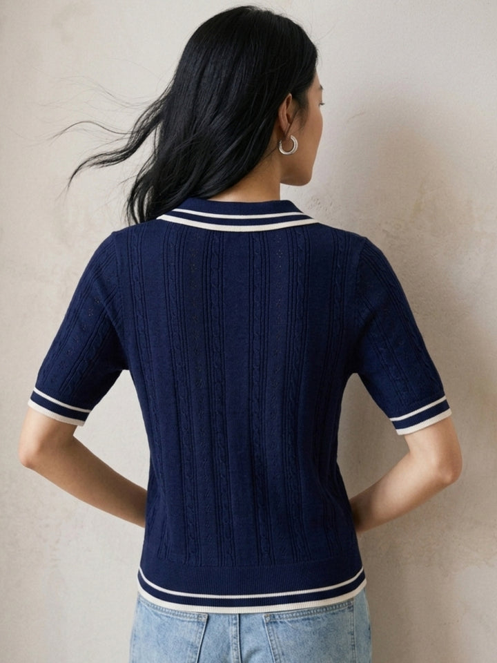 Navy Blue Contrast Striped Half Button Down Polo Top