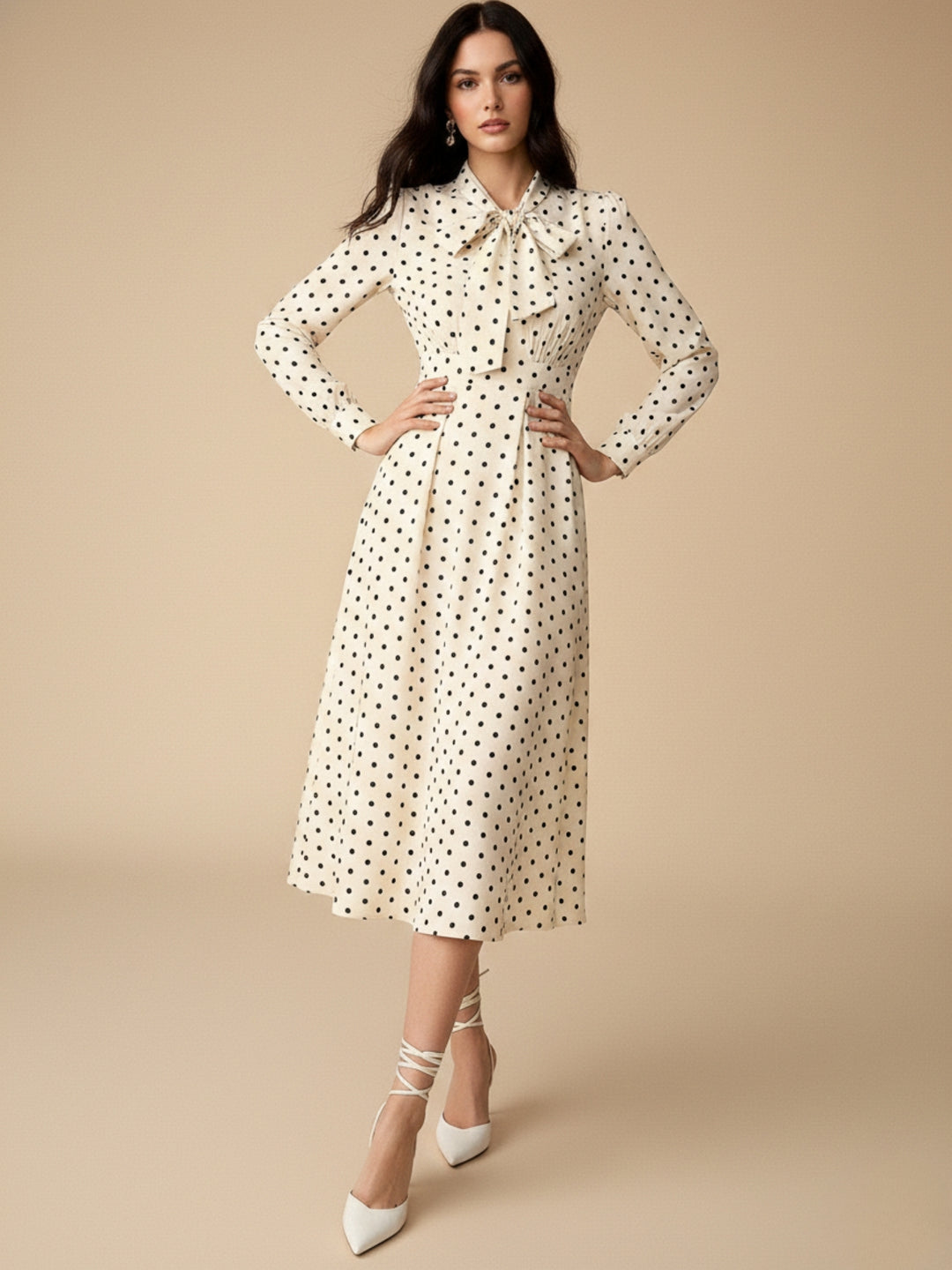 Cream Full Sleeves Neck Tie-Up Dress