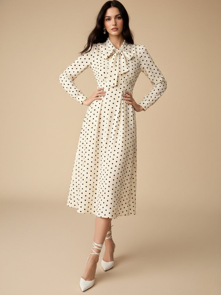 Cream Full Sleeves Neck Tie-Up Dress