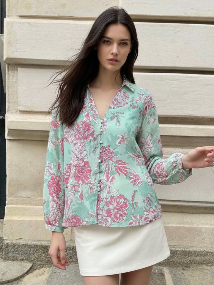 Green Floral Printed Button Down Shirt