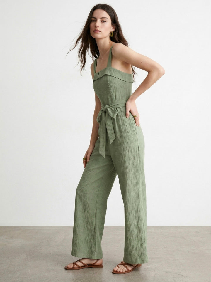 Green Shoulder Strap Waist Tie Up Jumpsuits