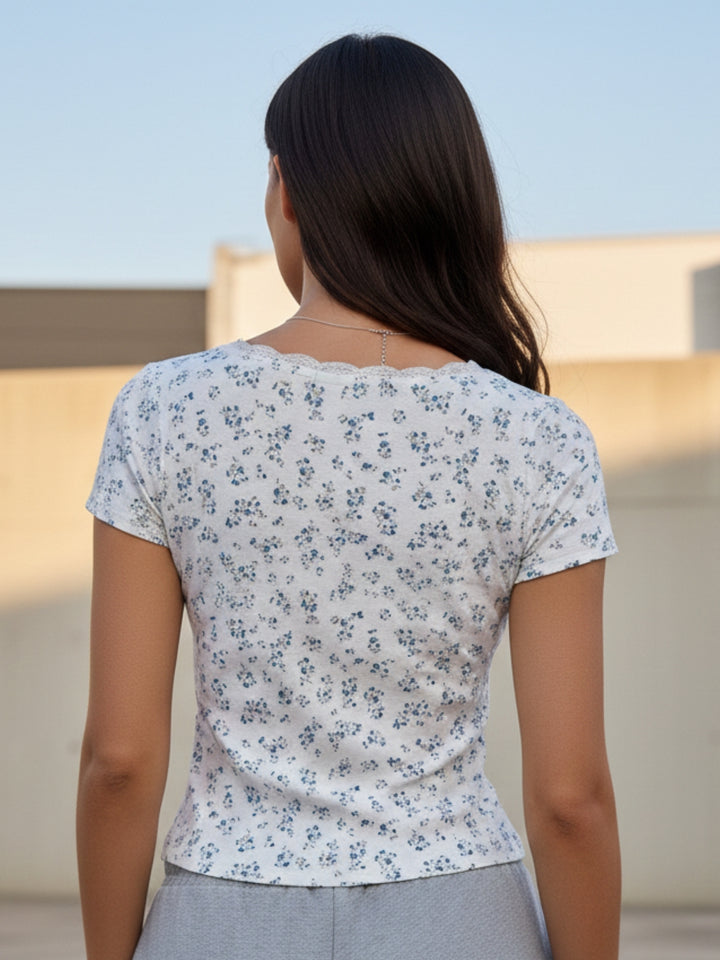 White Short Sleeve Lace Trim Floral Top