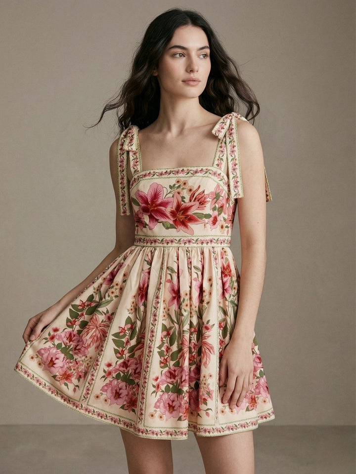 Multi Square Neck Printed Tie Up Straps Dress