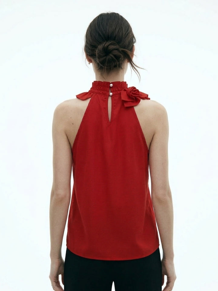Red Halter Neck Ruffle Detail Top