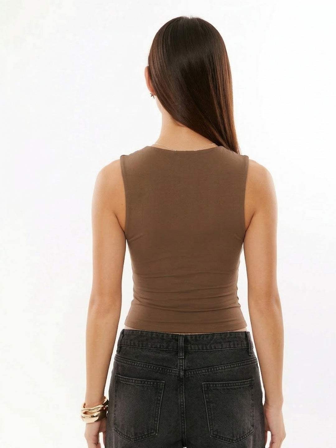 Brown Full Sleeve V Neck Fitted Top