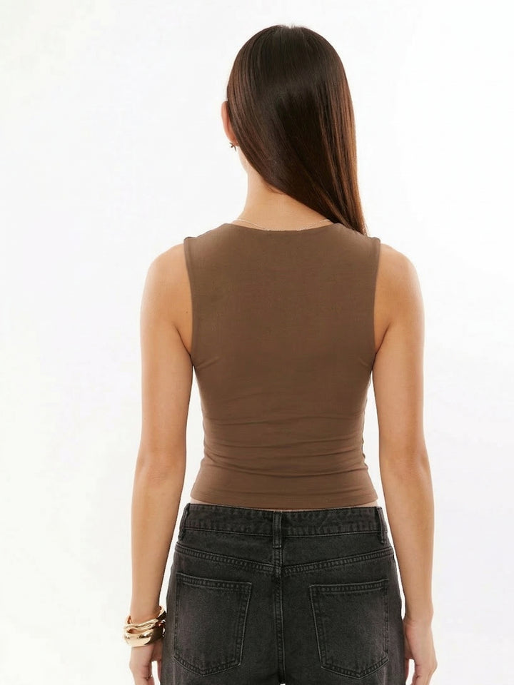 Brown Full Sleeve V Neck Fitted Top