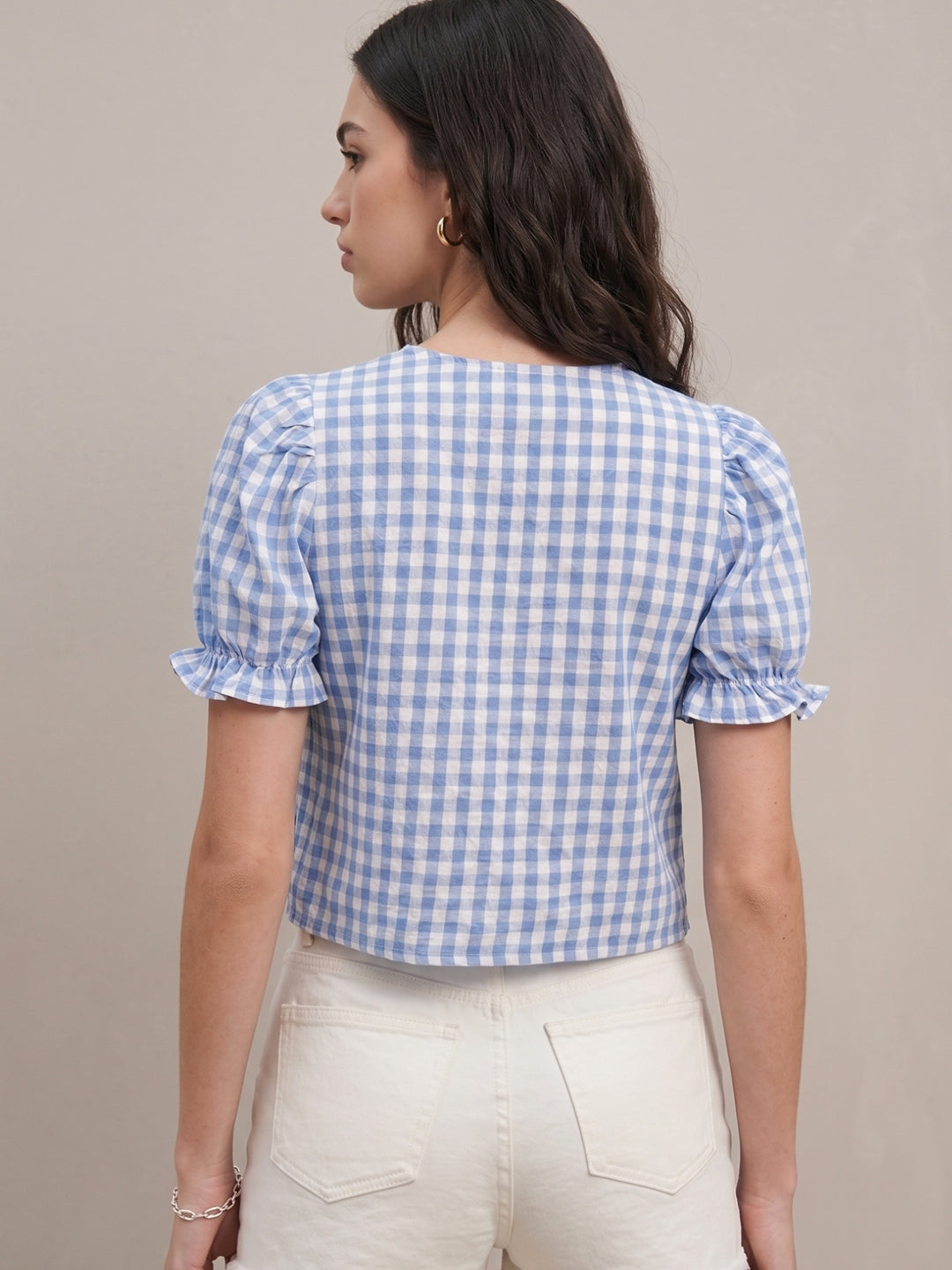 Blue Short Sleeve Checkered  Top