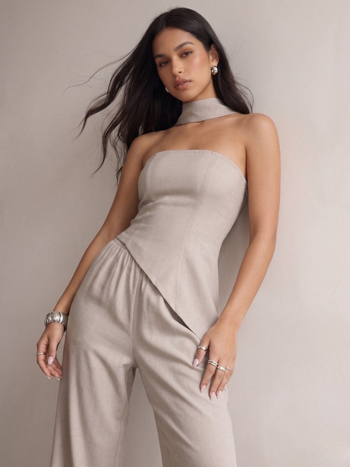 Grey Off Shoulder Asymmetrical Top And Pant Set