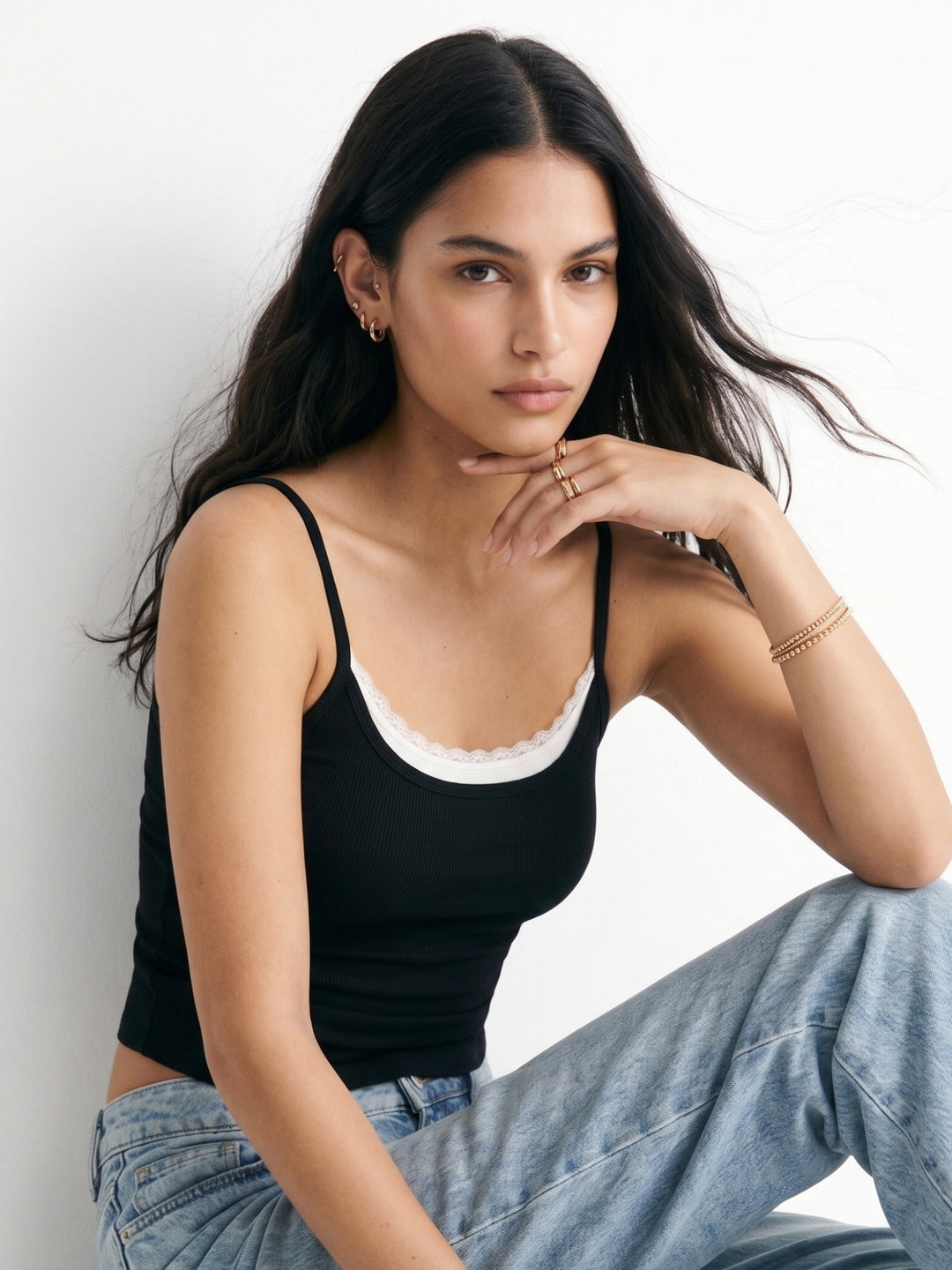 Black Spaghetti Strap Lace Neckline Detail Top
