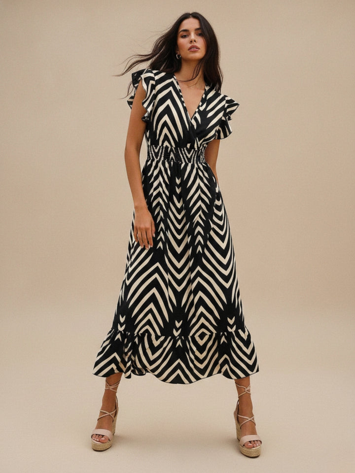 Black Ruffle Sleeve Waist Fitted Printed Dress