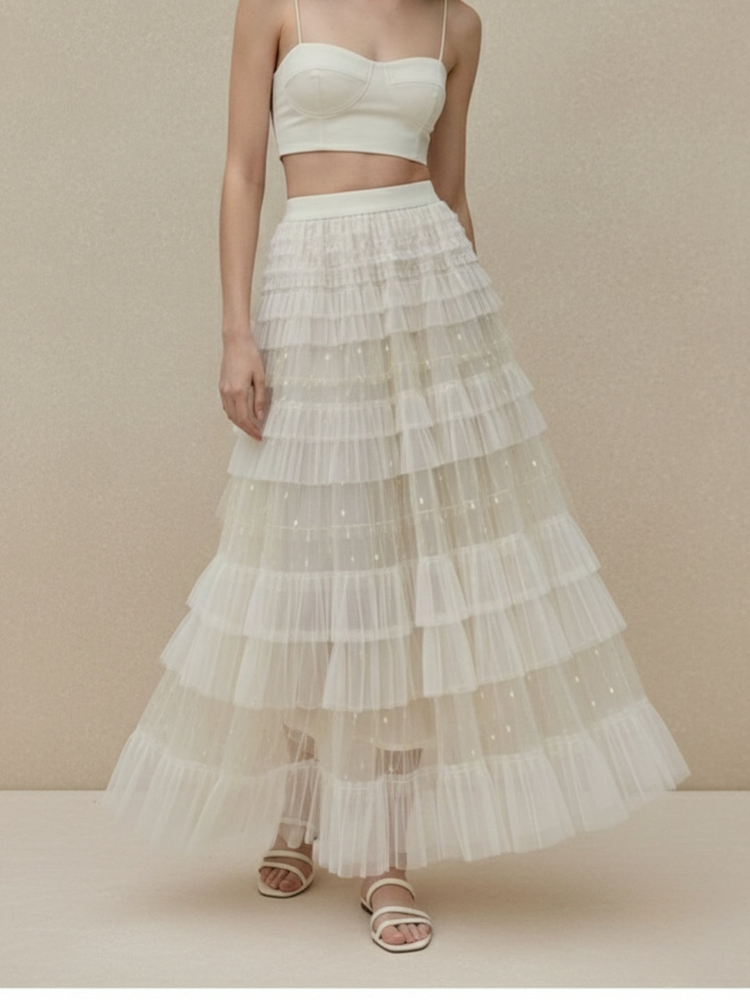 Off White Sheer Tiered With Frilled Hem Skirt