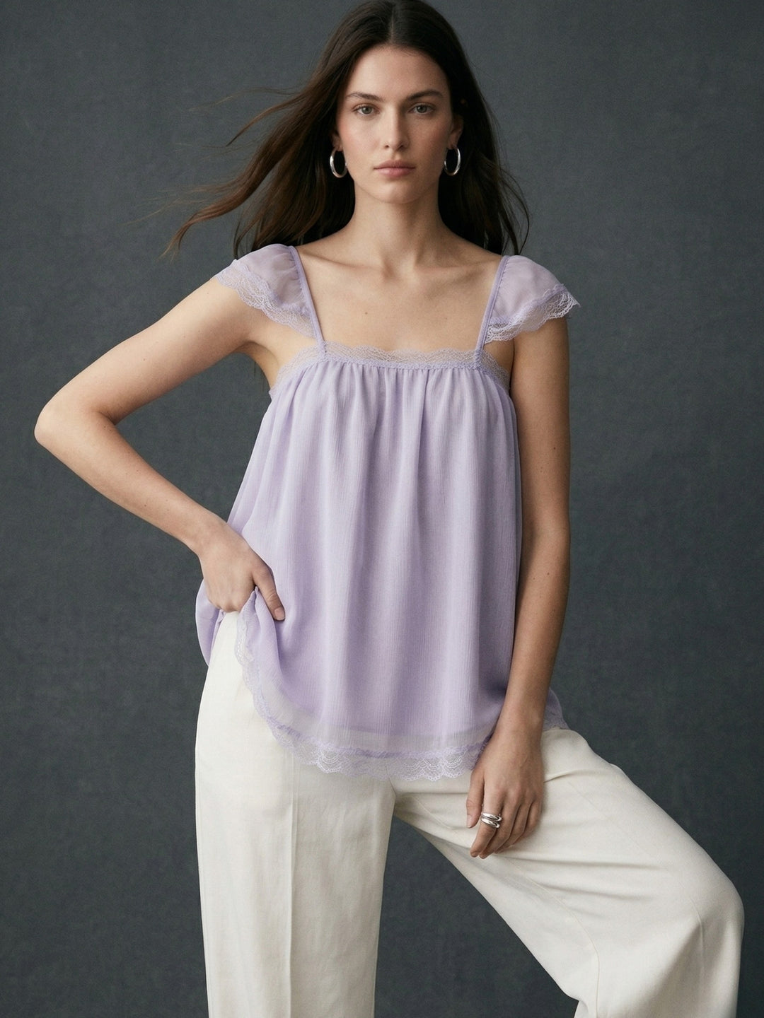 Lilac Square Neck Flowy Blouse