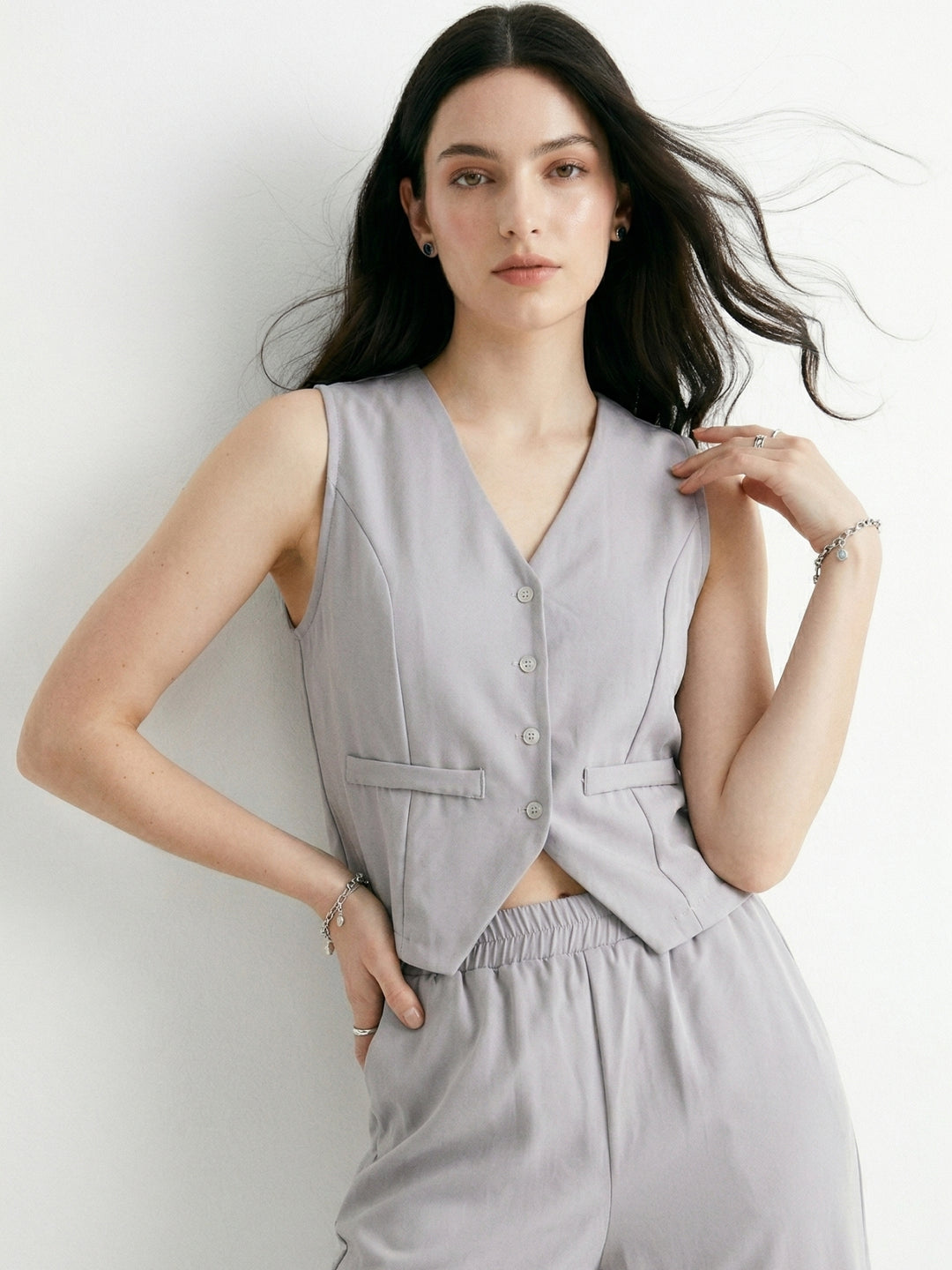 Grey Button Down Sleeveless Vest Top And Trousers Co-Ord Set
