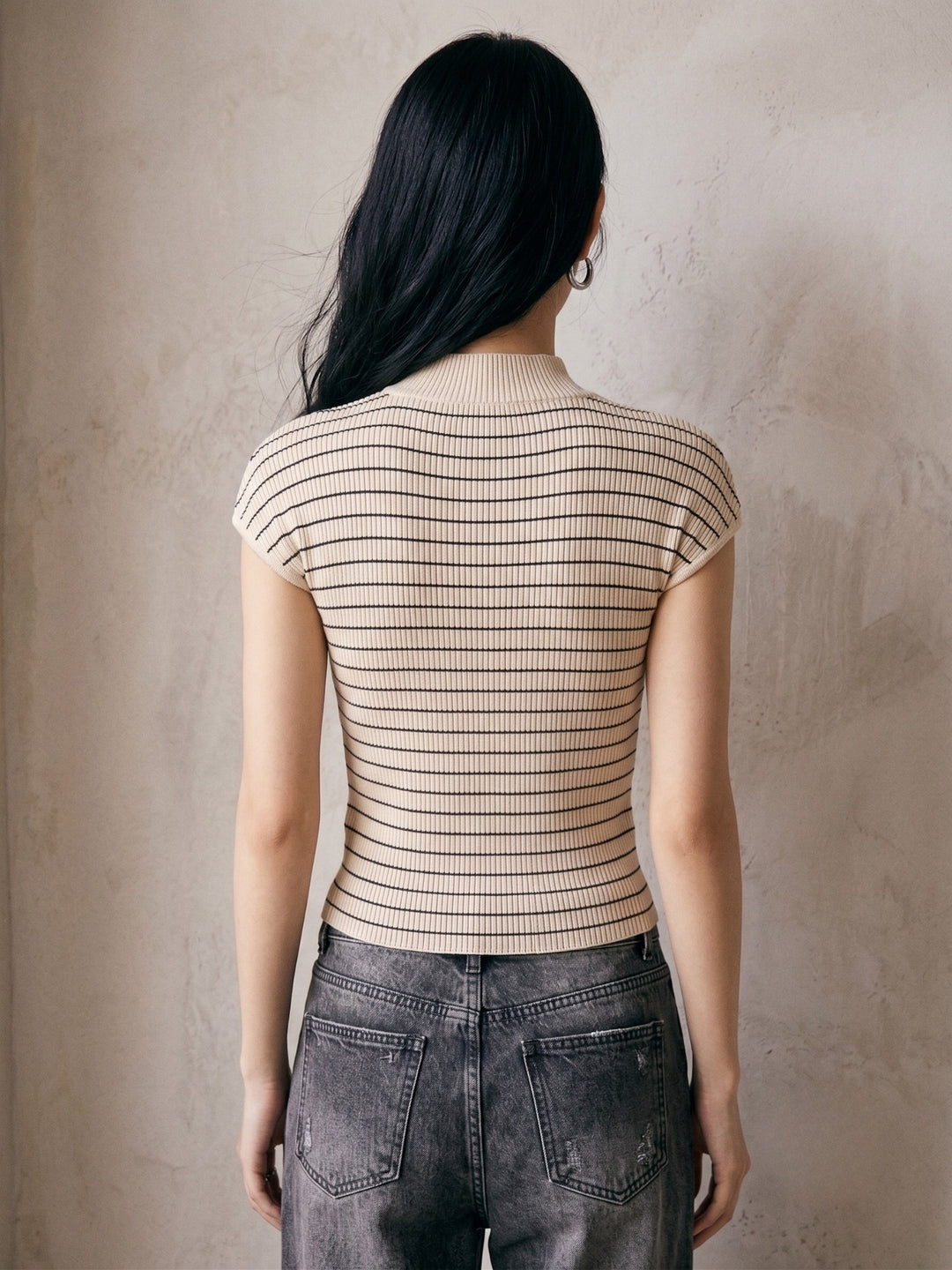 Beige High Neck Striped Tank