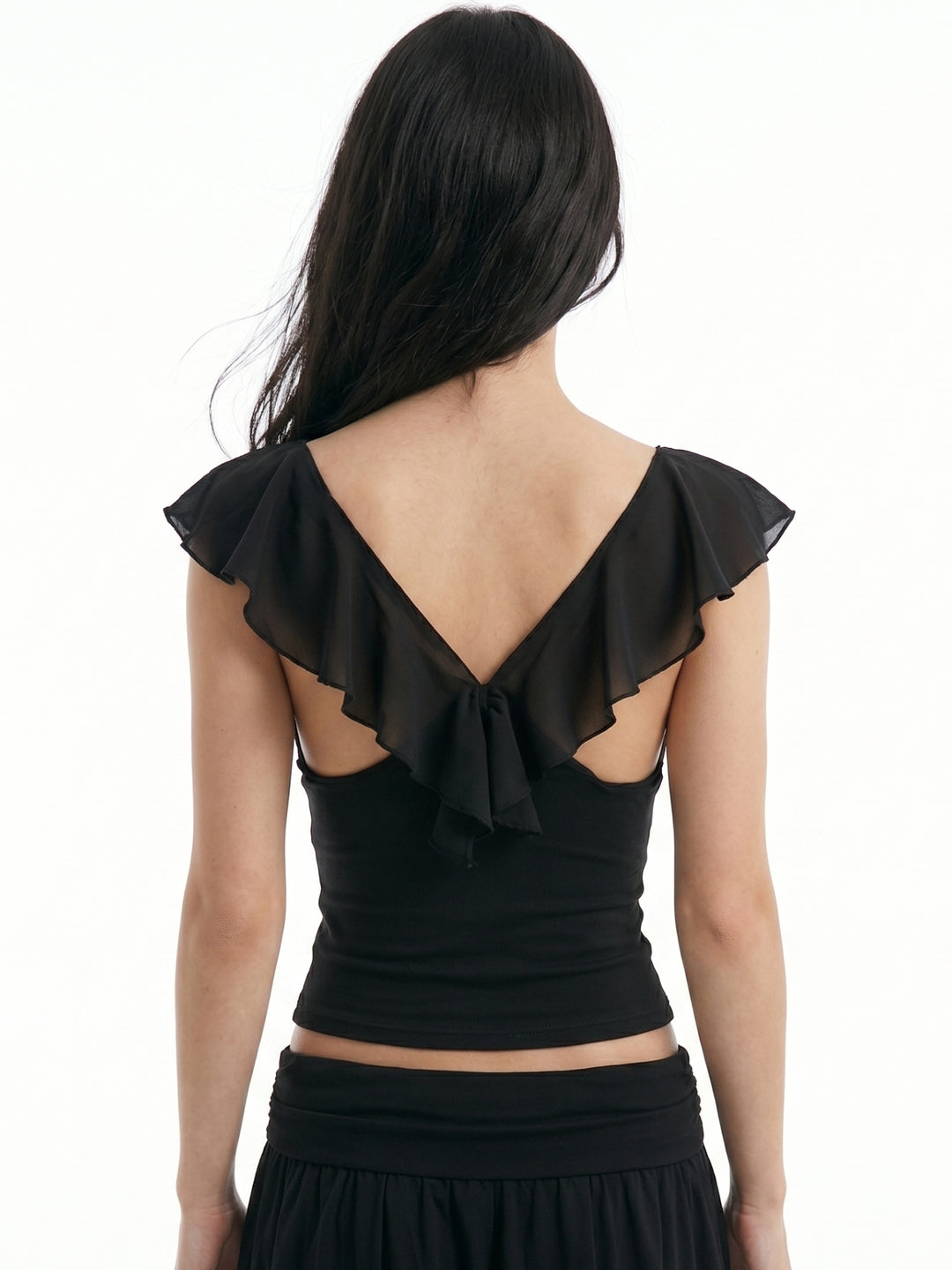 Black Ruffle Sleeve Cowl Neck Top