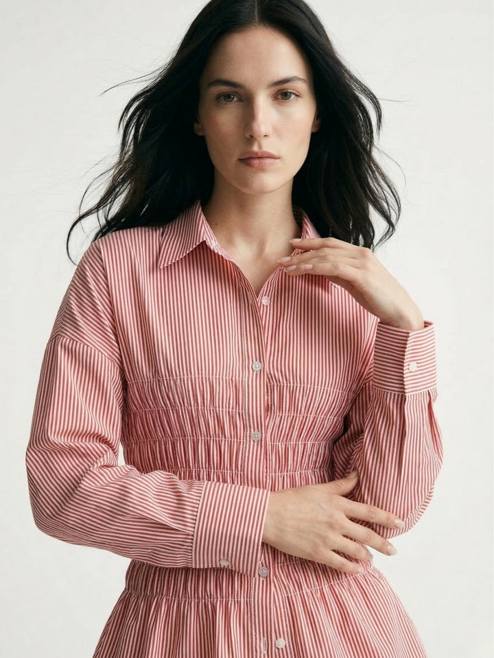 Pink Waist Smocked Fitted Collared Shirt