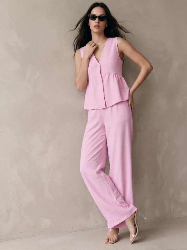Pink Sleeveless Front Buttoned Top And Pant Set