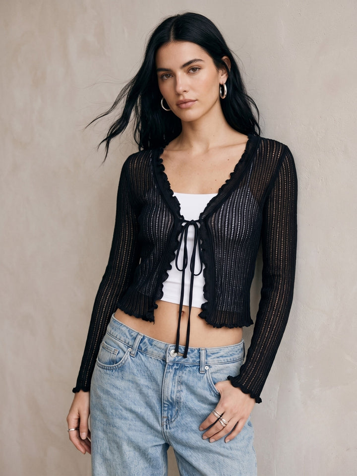 Black Ribbed Textured Front Tie Up Shrug Top