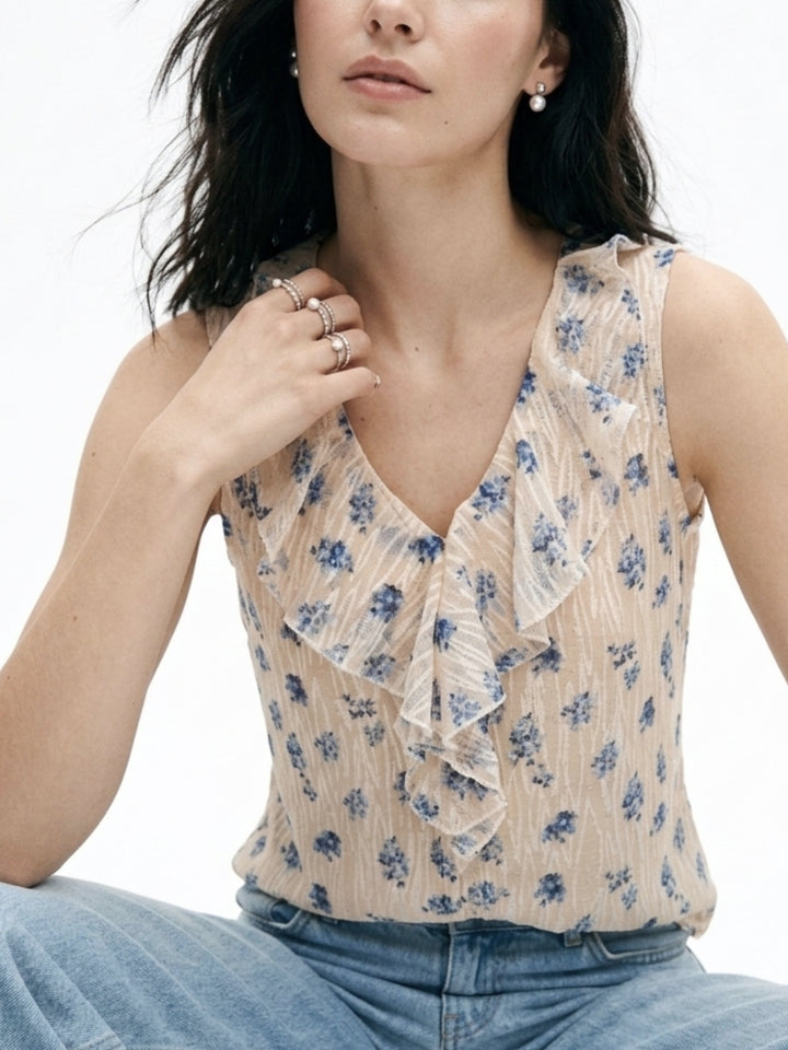 White Printed Ruffles At Neck Blouson