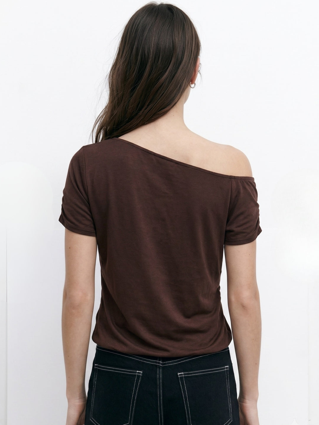 Brown Short Sleeve One Shoulder Twisted Detail Top