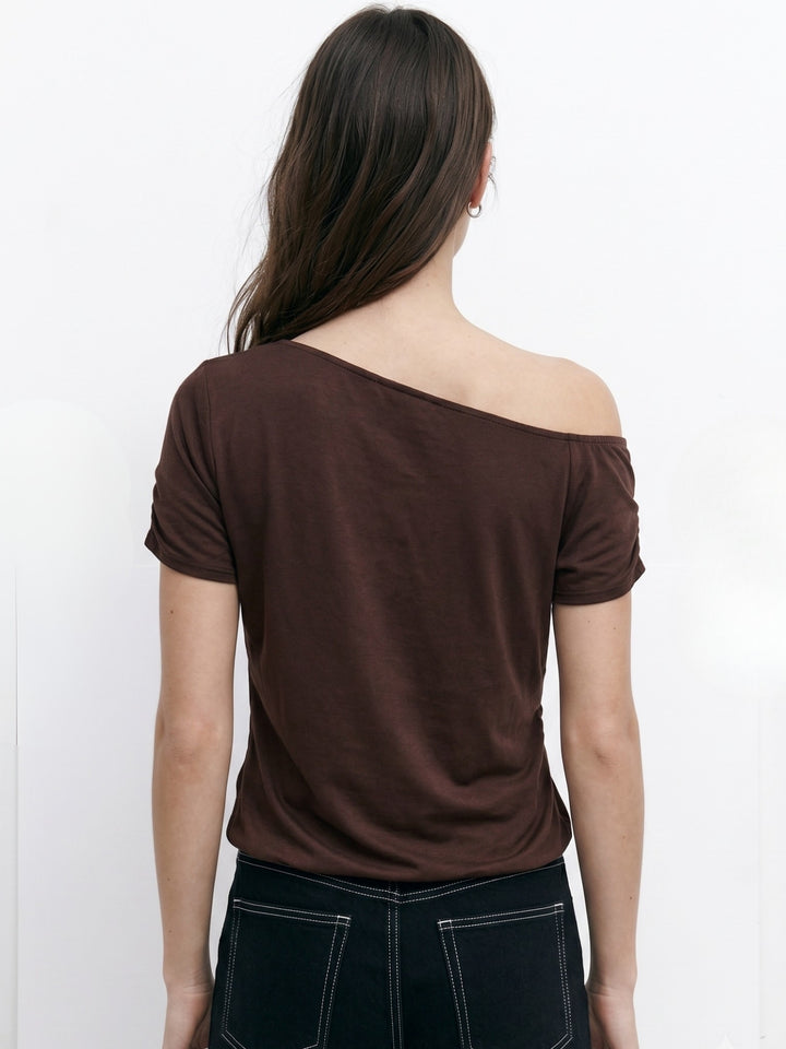 Brown Short Sleeve One Shoulder Twisted Detail Top