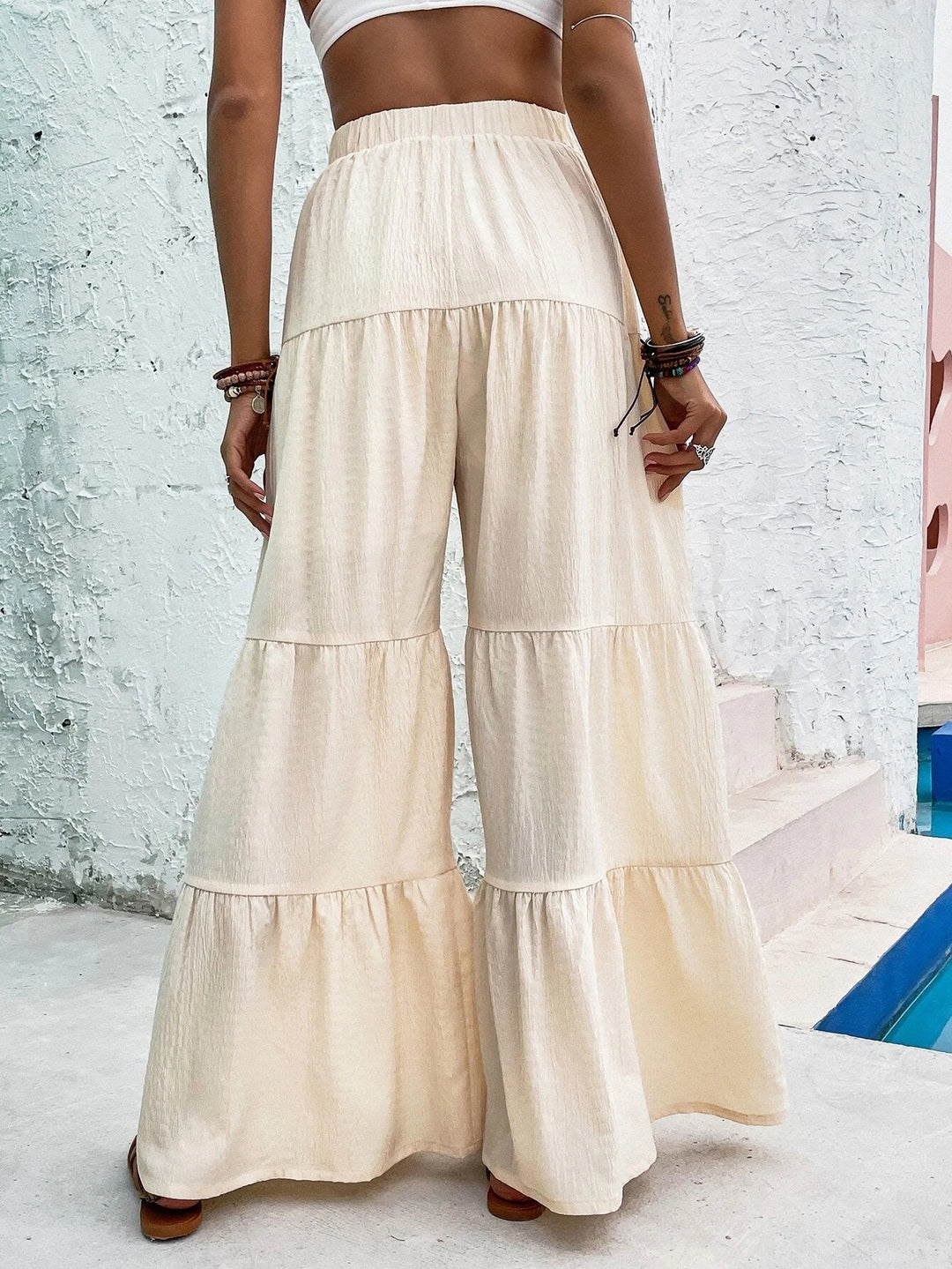 Cream Elastic Waist Tiered Pant
