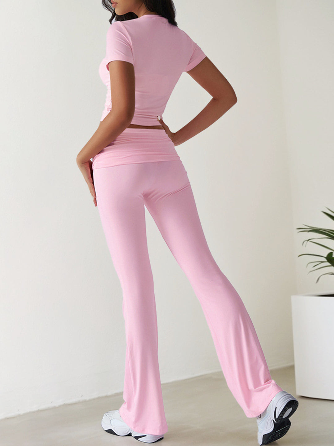 Pink Short Sleeve Top & Waist Ruched Pant Set