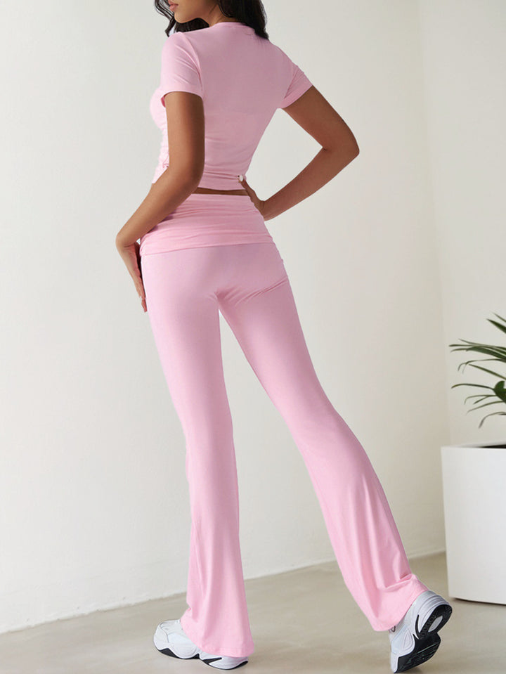 Pink Short Sleeve Top & Waist Ruched Pant Set