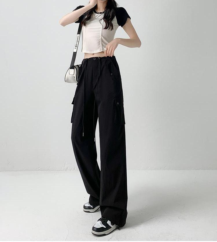 Black Elastic Cargo Pants With Drawstring