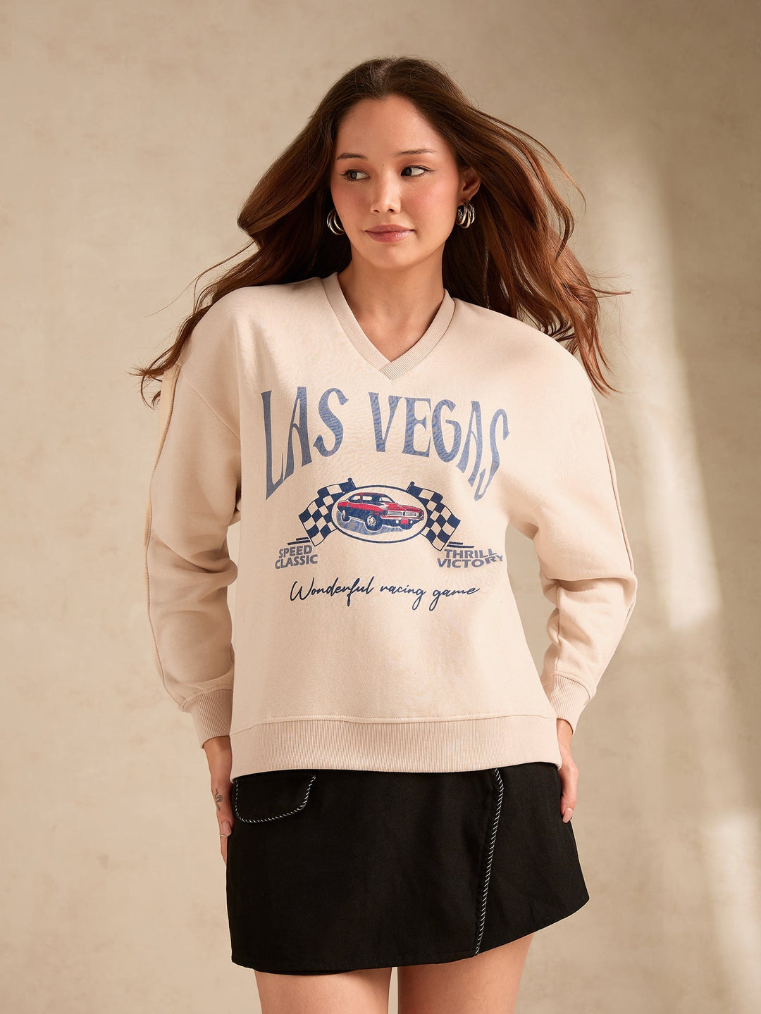 Cream Retro Racing Graphic Russian Fleece Pullover
