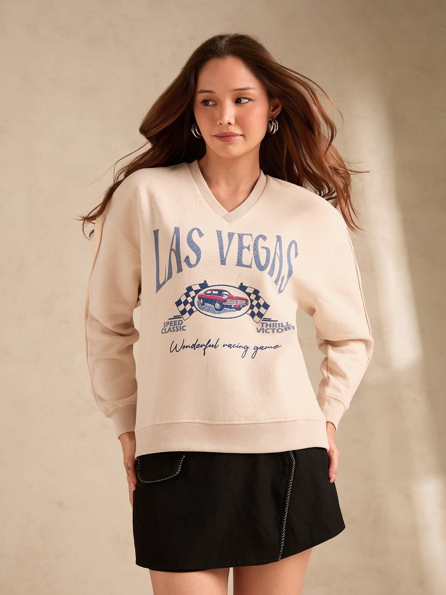 Cream Retro Racing Graphic Russian Fleece Pullover