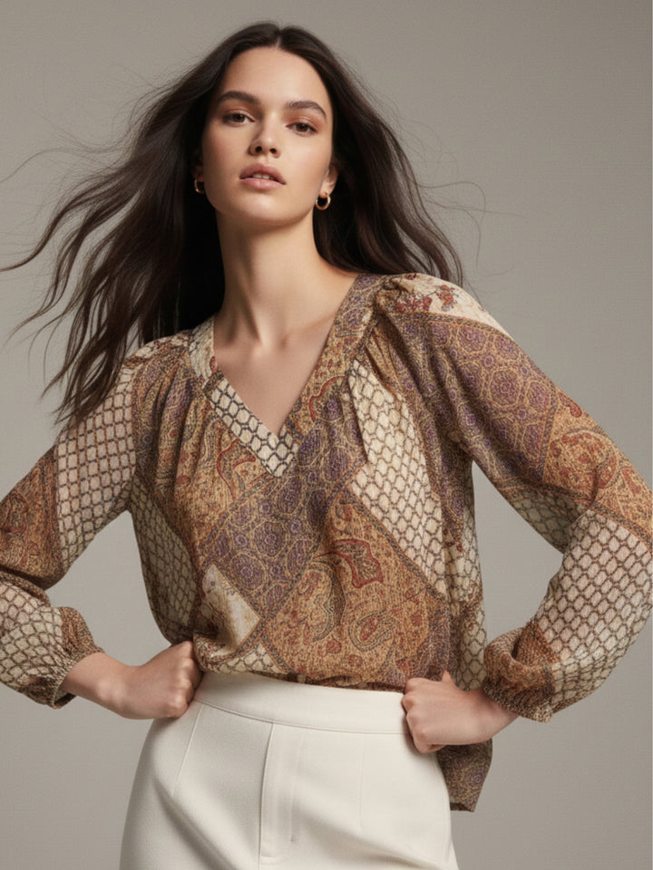 Brown Multicolor Paisley Boho Blouse