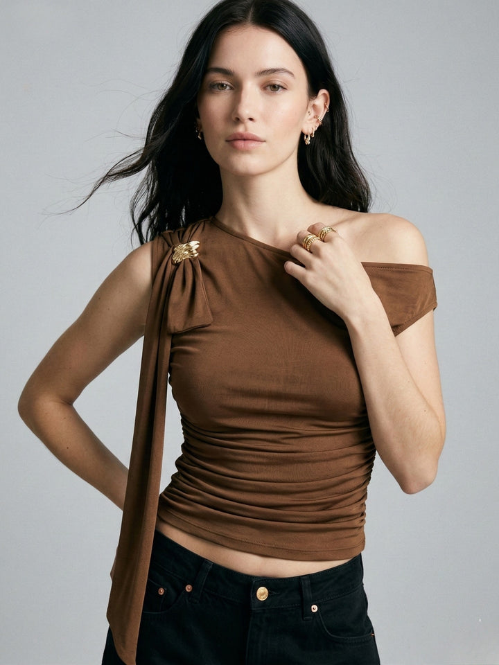 Brown One Shoulder Metal Trim Detail Top