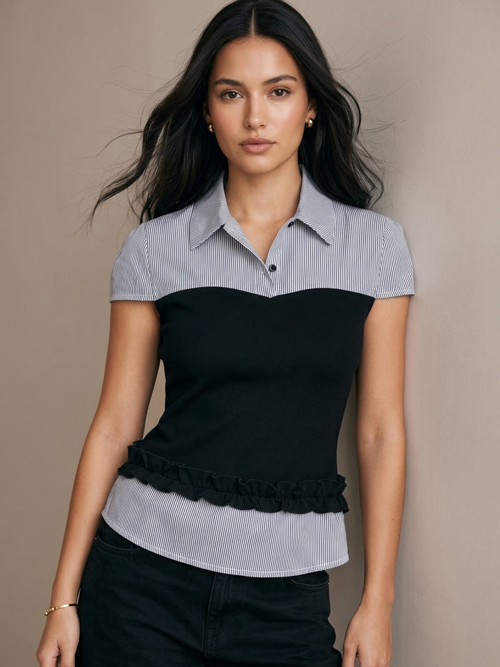 Blue Striped Fitted Shirt With Knitted Contrast Fabric Detail