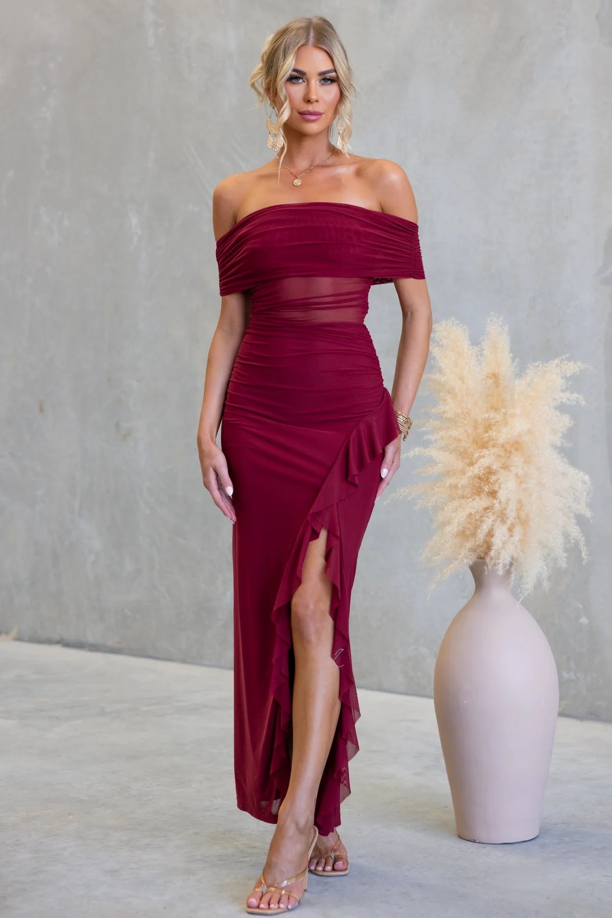 Maroon Off Shoulder Mesh Ruffle Detail Dress