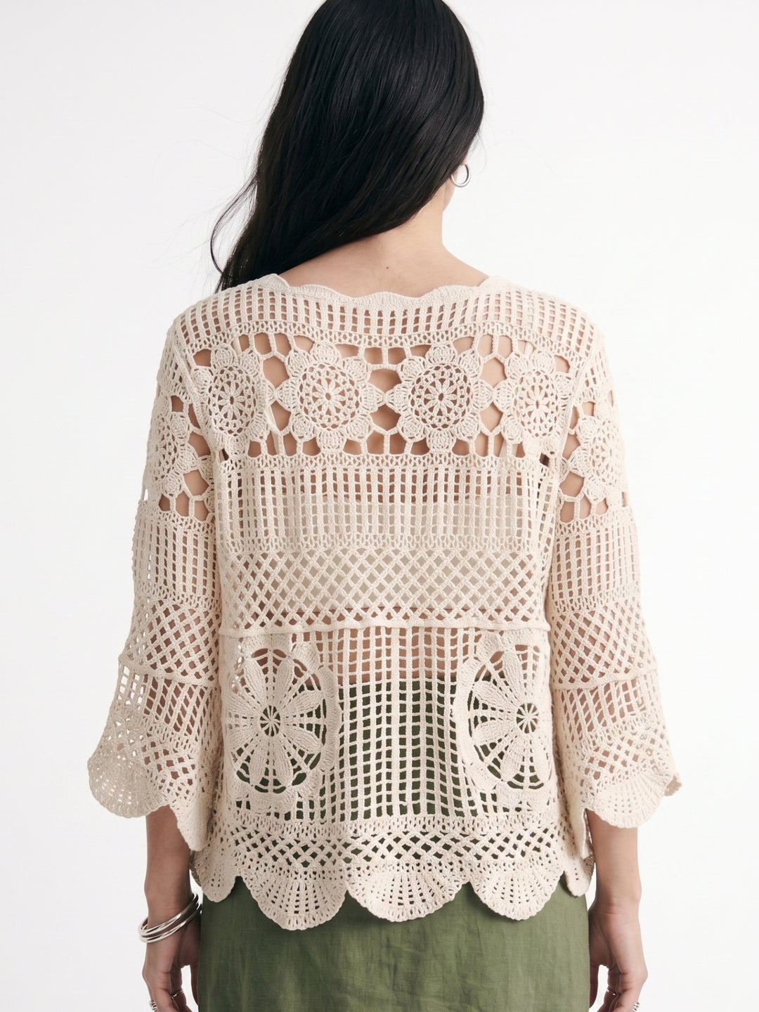 Cream Bell Sleeve Crochet Cover-Up