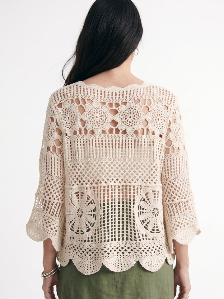 Cream Bell Sleeve Crochet Cover-Up