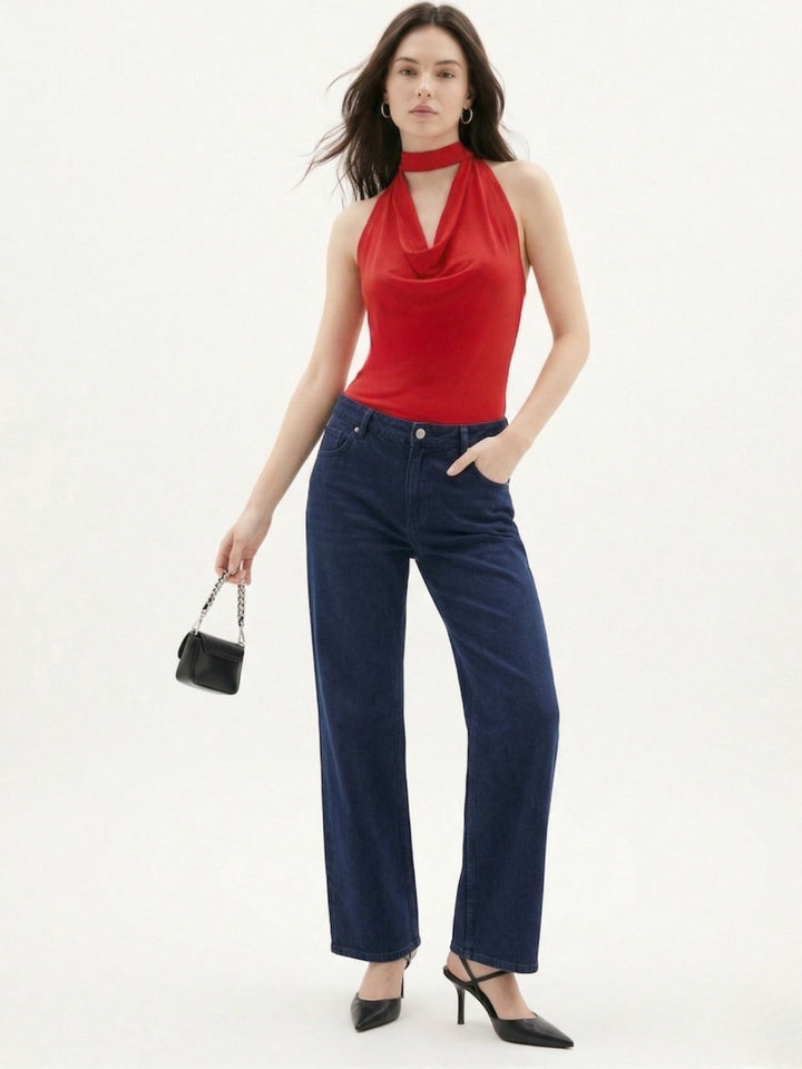 Red Cowl Neck Halter Top
