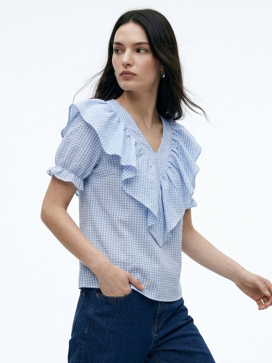 Blue Puff Sleeve Ruffle Neckline Top
